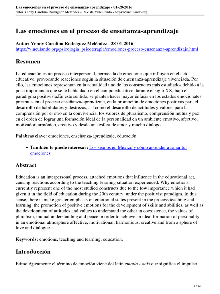 Emociones en la enseñanza-aprendizaje | PDF | Las emociones | Aprendizaje