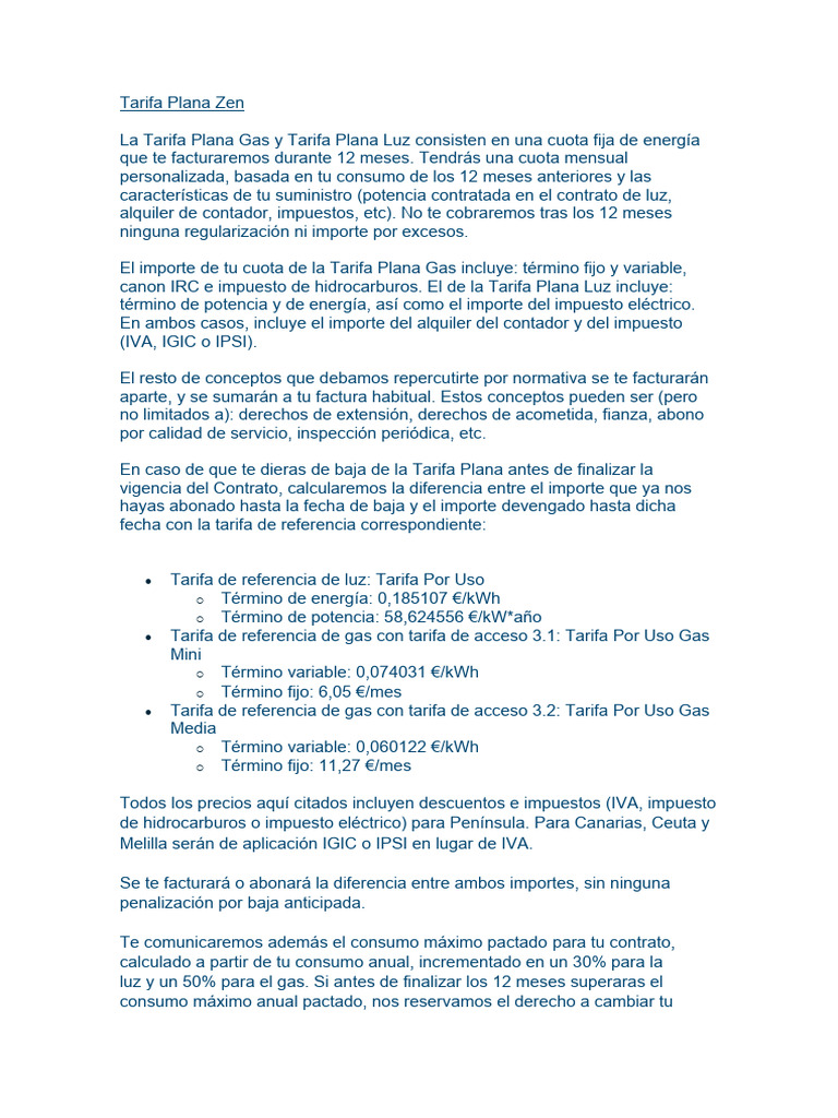 Tarifa Plana Zen: Gas y Luz Fijos | PDF | Finanzas y dinero