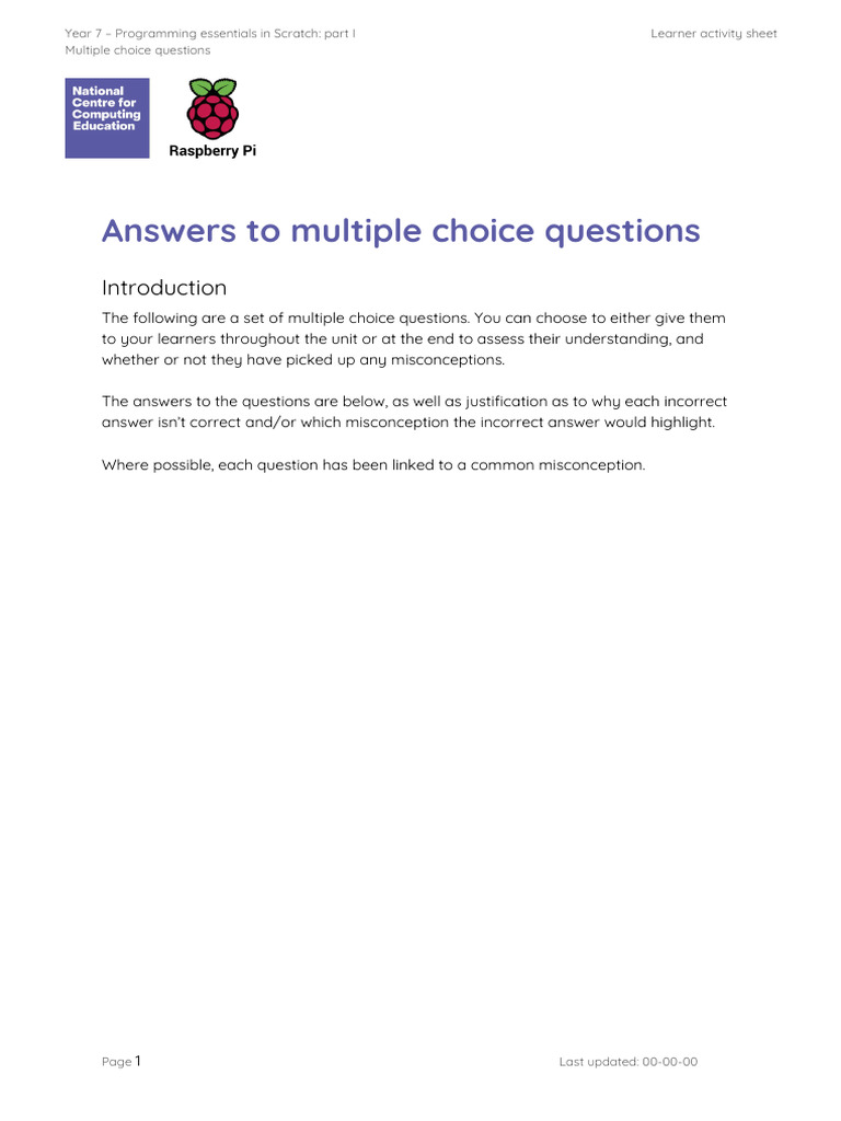 Multiple Choice Answers - Programming Essentials in Scratch - Part I ...