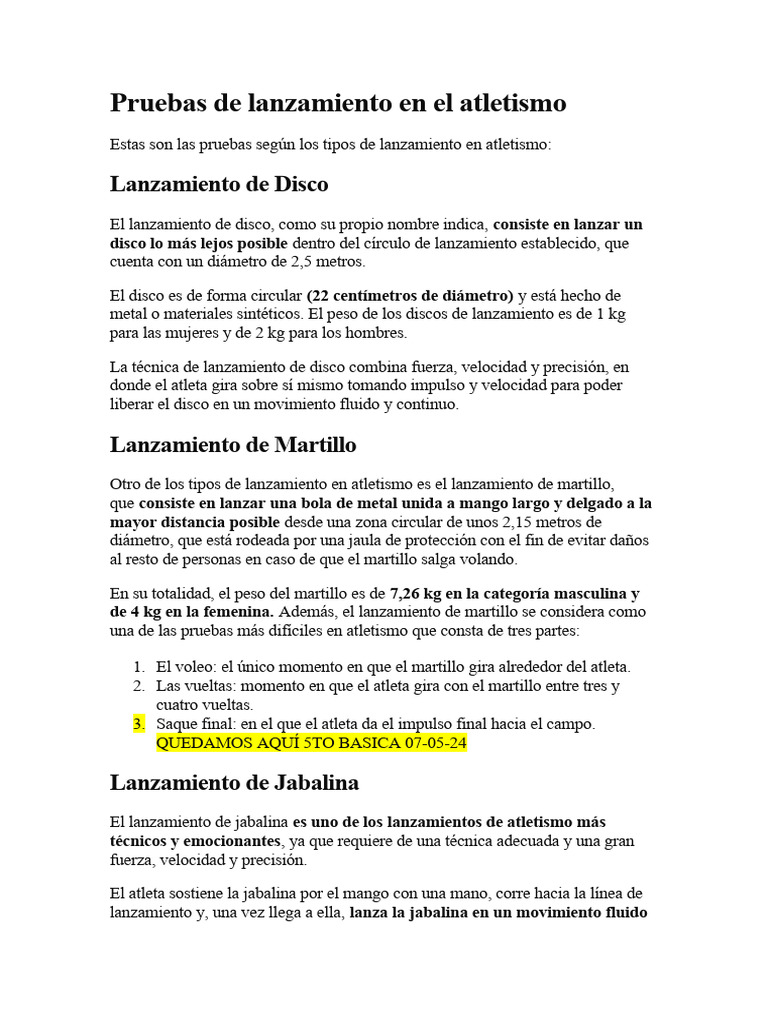 Pruebas de Lanzamiento en Atletismo | PDF | Deporte del atletismo ...