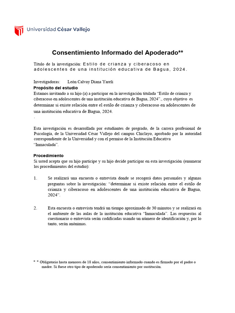 Consentimiento Informado - Asentimiento Informado D | PDF | Metodología ...