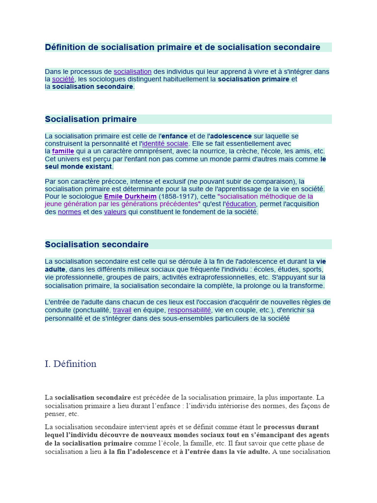 Socialisation primaire et secondaire expliquées | PDF | Socialisation ...