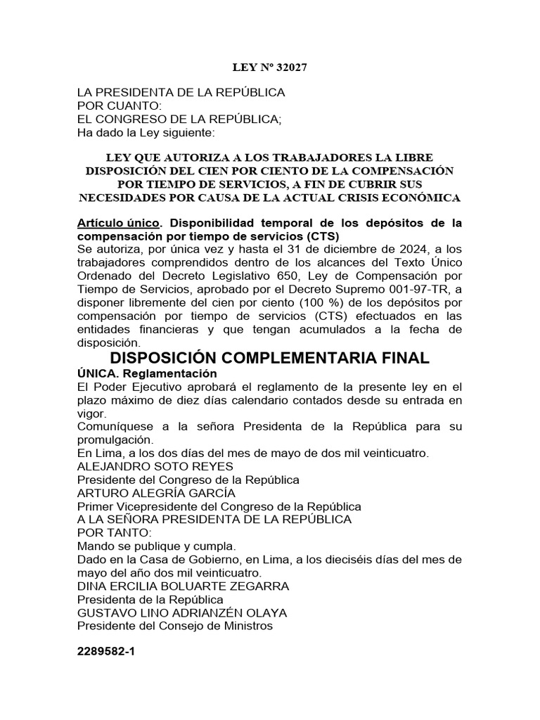 Ley 32027: Disposición CTS 100% | PDF | Derecho