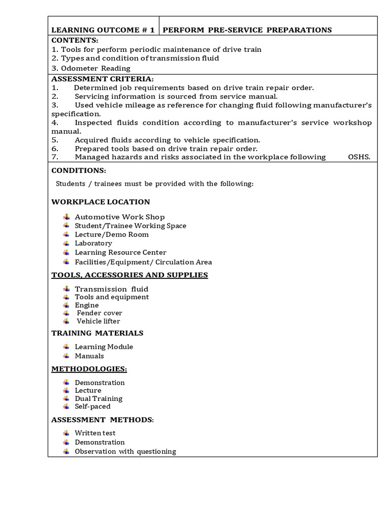 Perform Pre Service Preparations Pdf Automatic Transmission