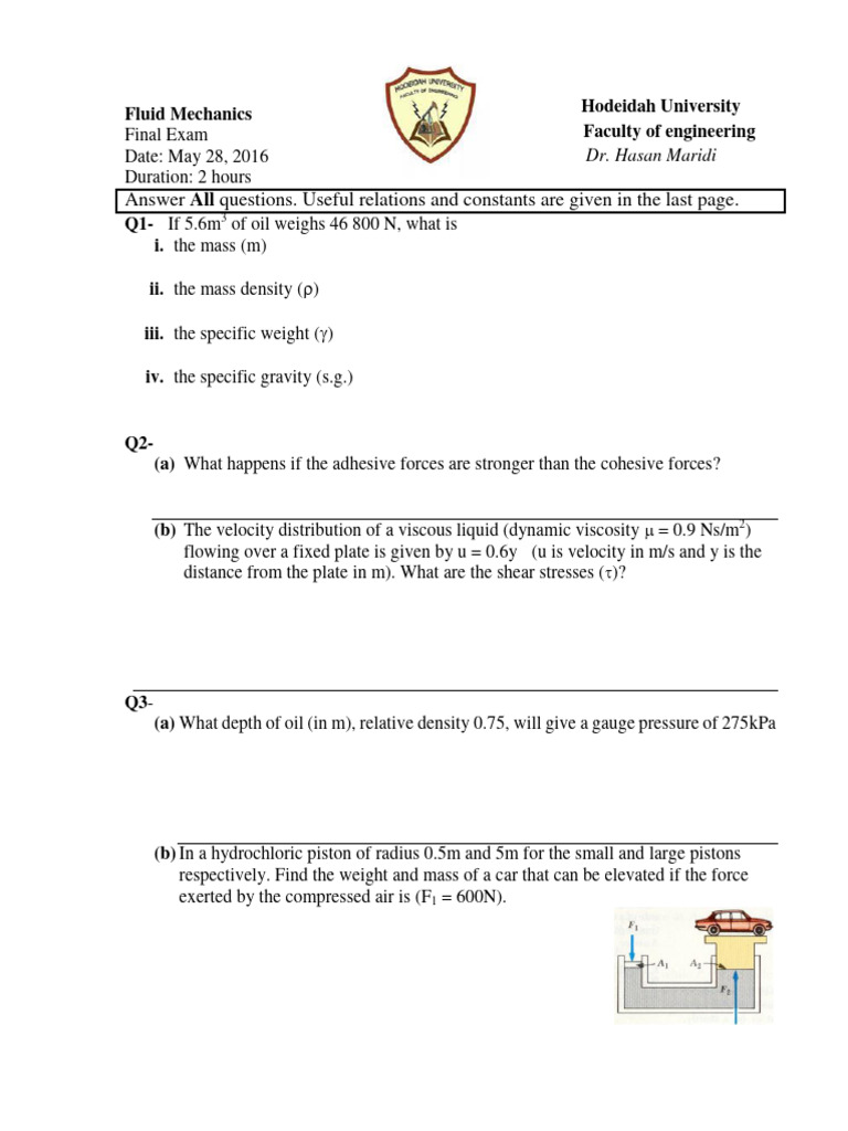 Fluid Mechanics Final Exam Questions | PDF | Pressure | Pressure ...