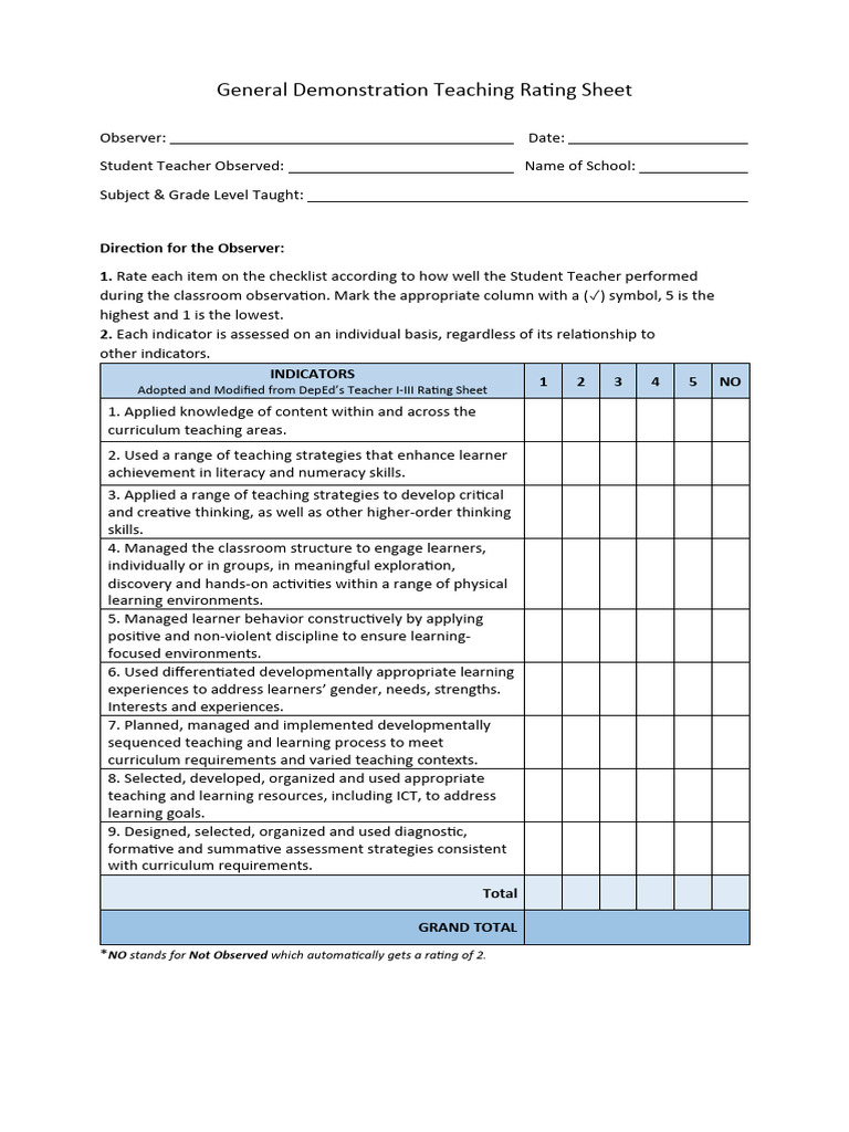 General Demonstration Teaching Rating Sheet Revised | PDF | Learning ...
