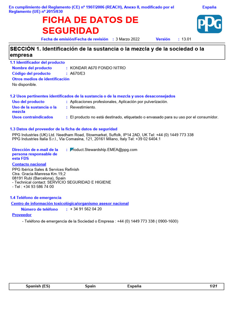 A670 - E3 - KONDAR A670 FONDO NITRO - PPG EU SDS REACH - Spain - es-ES ...