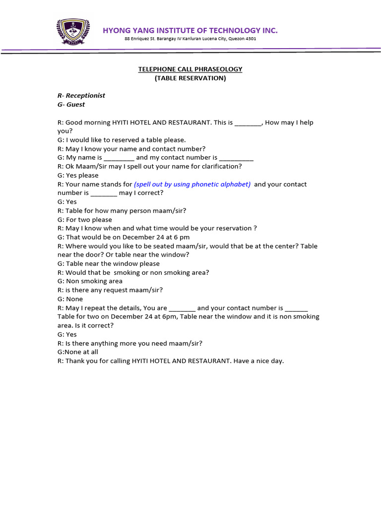 Table Reservation Call Script | PDF