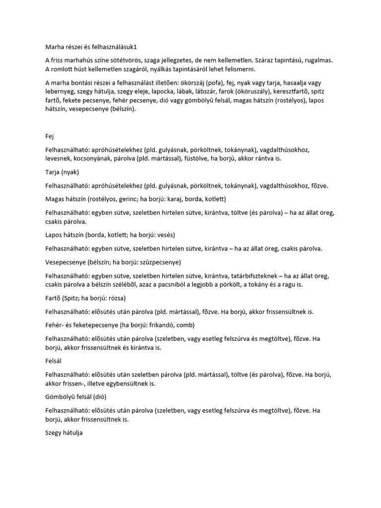 Marha Részei És Felhasználásuk1 | PDF