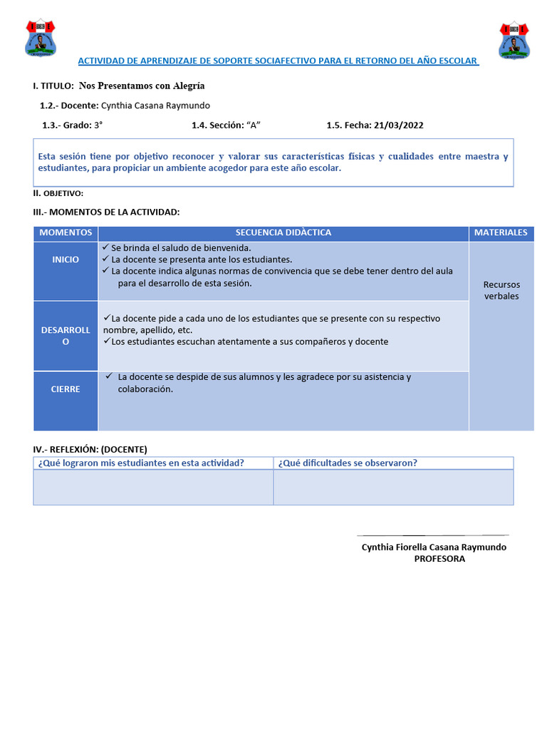 Primera Semana Escolar Pdf Evaluación Las Emociones