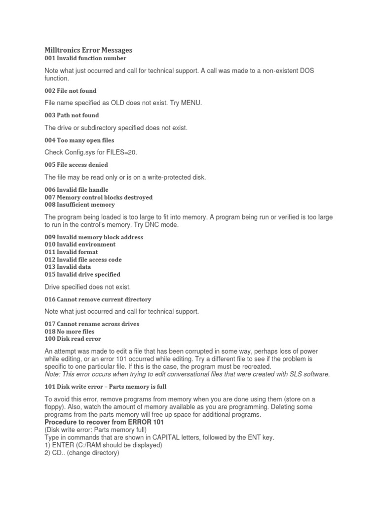 Milltronics CNC Error Codes Guide | PDF | Computer File | Floppy Disk