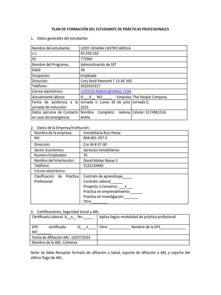 Formato Practica Empresarial Estudiante | PDF | Crecimiento personal y ...