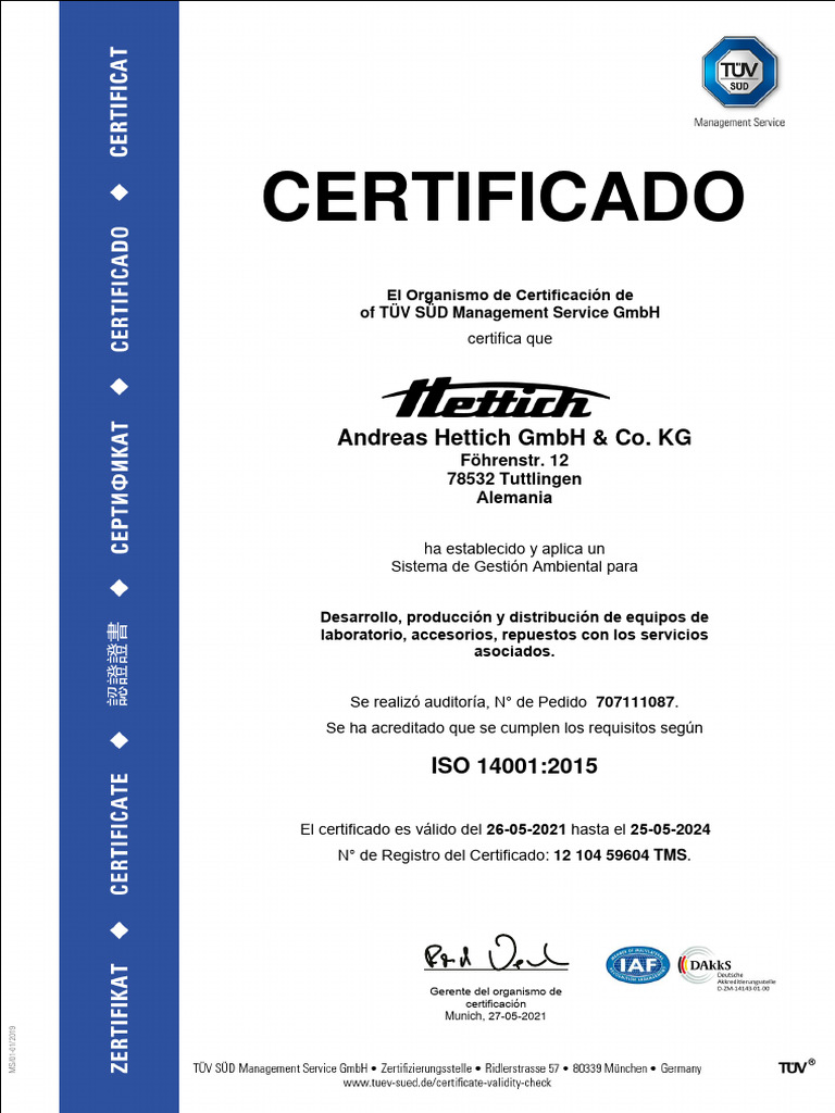 ISO - 14001-Certificado - SPANISH - HETTICH | PDF