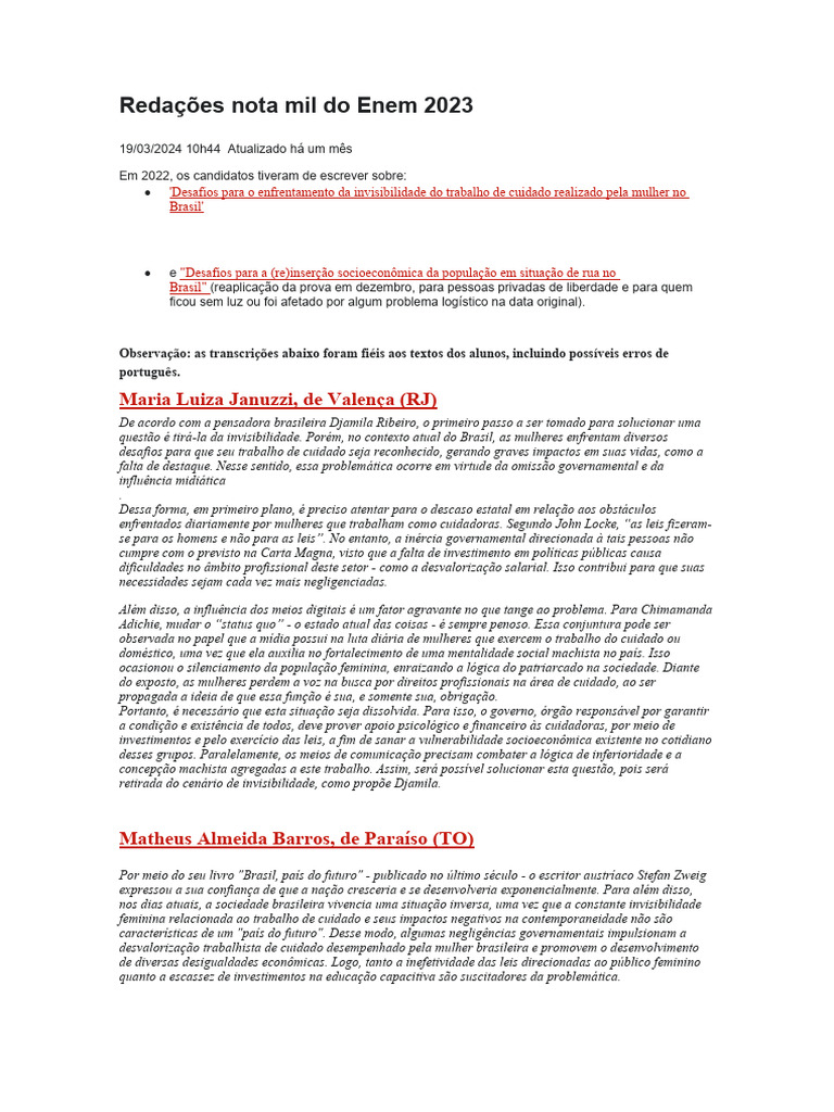 Redações Nota Mil Do Enem 2023 | PDF | Sociologia | Brasil