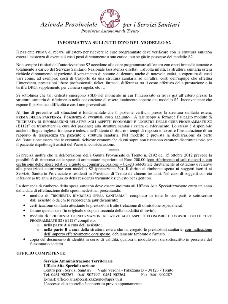 S2 - Informativa Sull'utilizzo Del Modello S2 | PDF