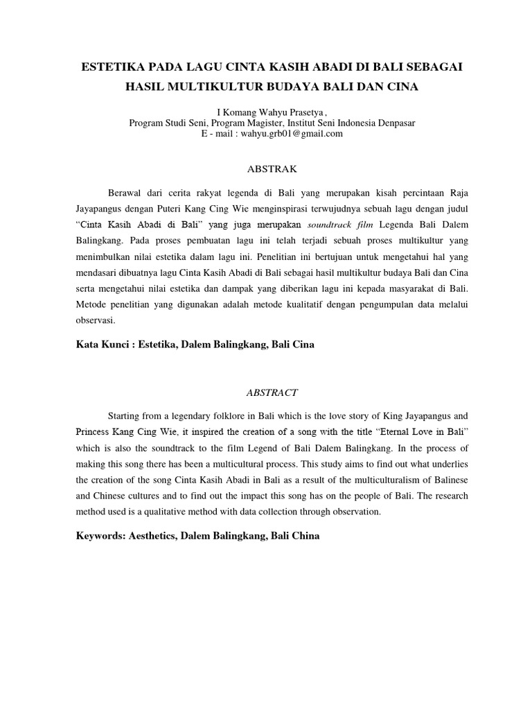 Estetika Pada Lagu Cinta Kasih Abadi Di Bali Sebagai Hasil Multikultur