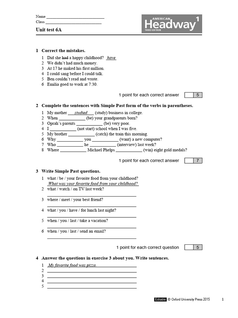 Simple Past Unit Test for Students | PDF | Language Arts & Discipline ...