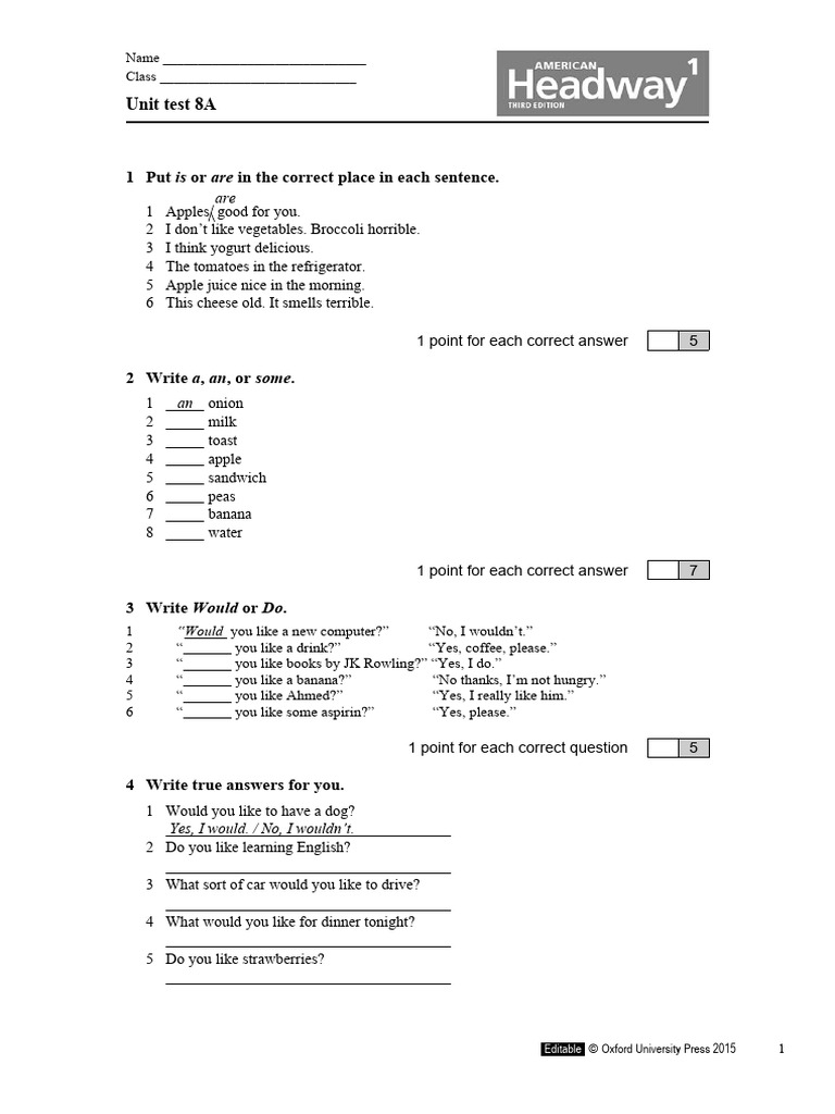 English Unit Test 8A Worksheet | PDF | Pasta | Foods