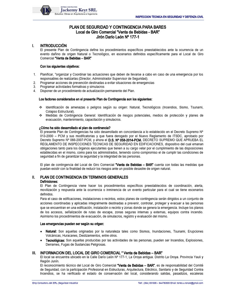Plan de Seguridad y Contingencia de Bares | Descargar gratis PDF ...