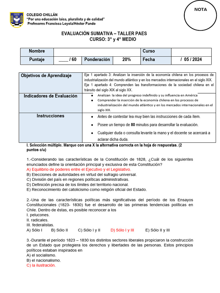Test Paes #3 | PDF | Liberalismo | Chile