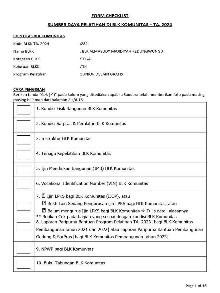 Checklist Sumber Daya BLK Komunitas 2024 | PDF | Sains & Matematika