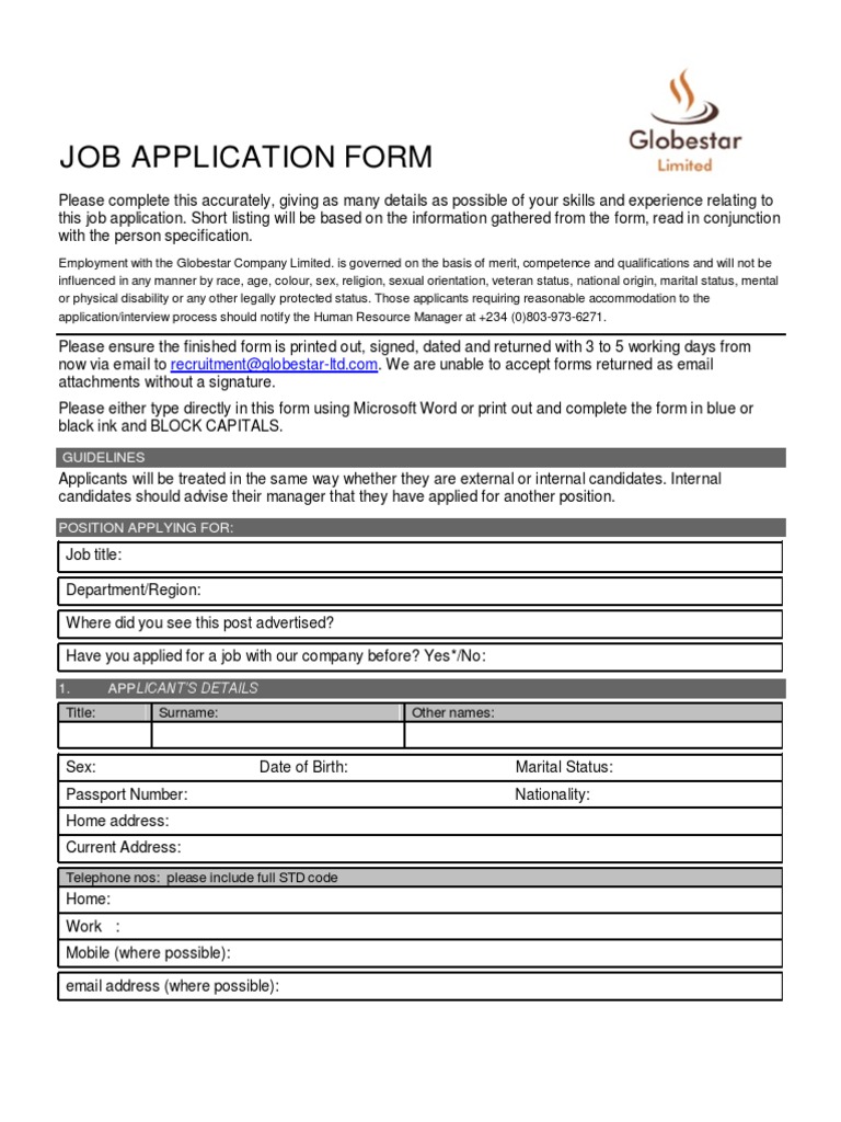Job Application Form PDF Employment Government