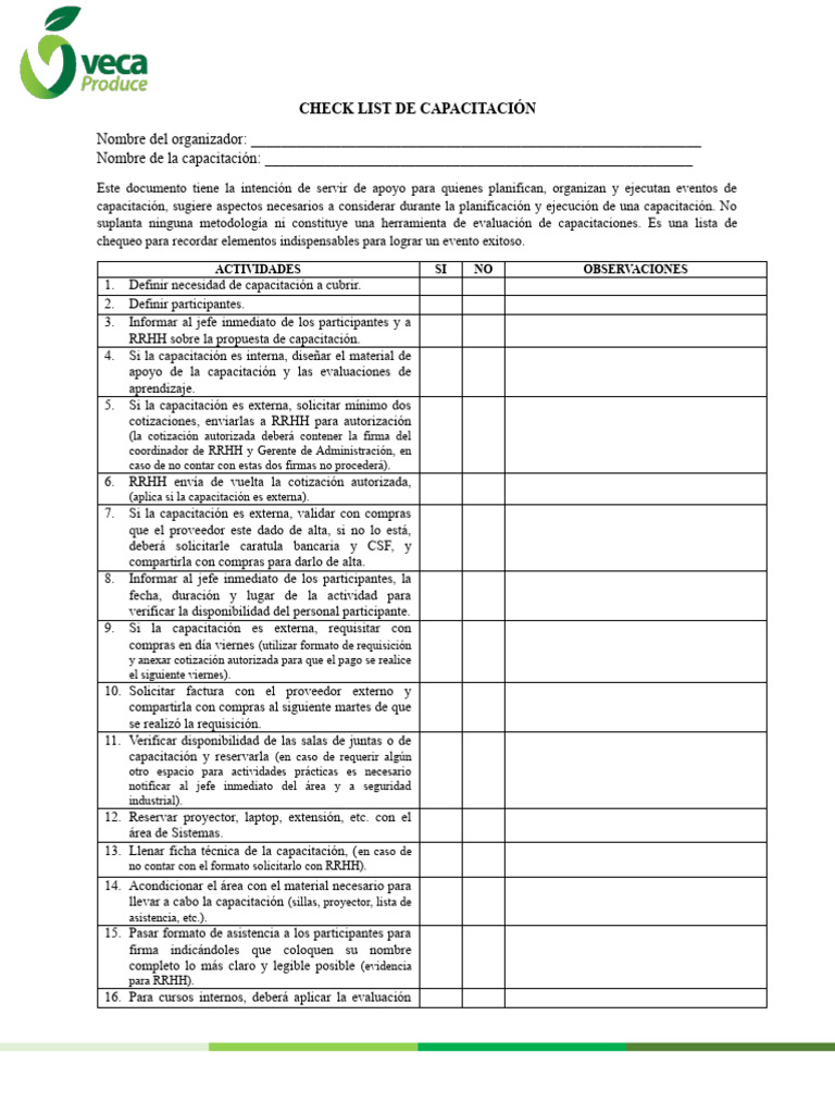 Check List para Capacitación Efectiva | PDF