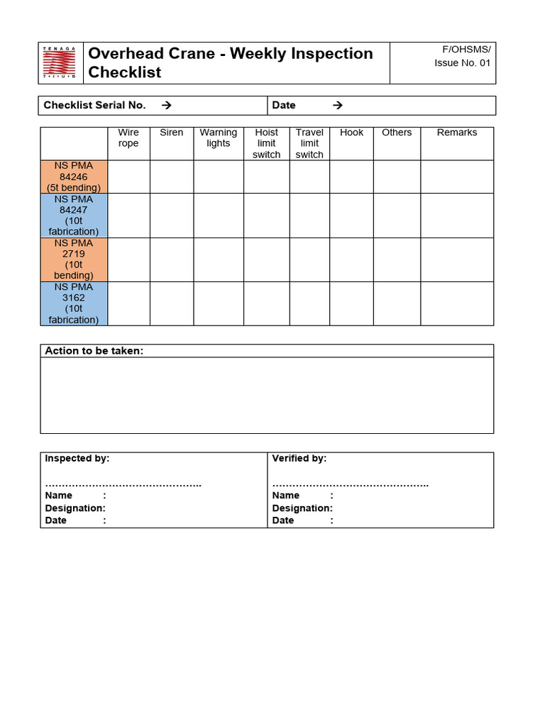 Overhead Crane Weekly Inspection Checklist | PDF