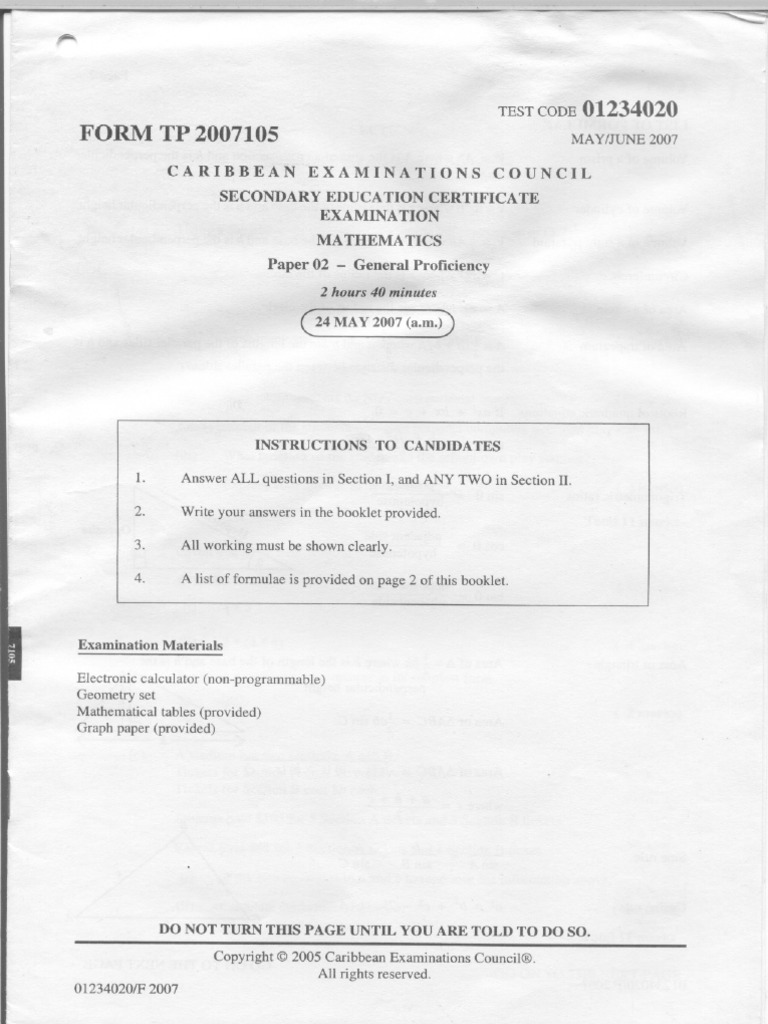 CSEC Mathematics May 2007 | PDF | Sine | Trigonometric Functions