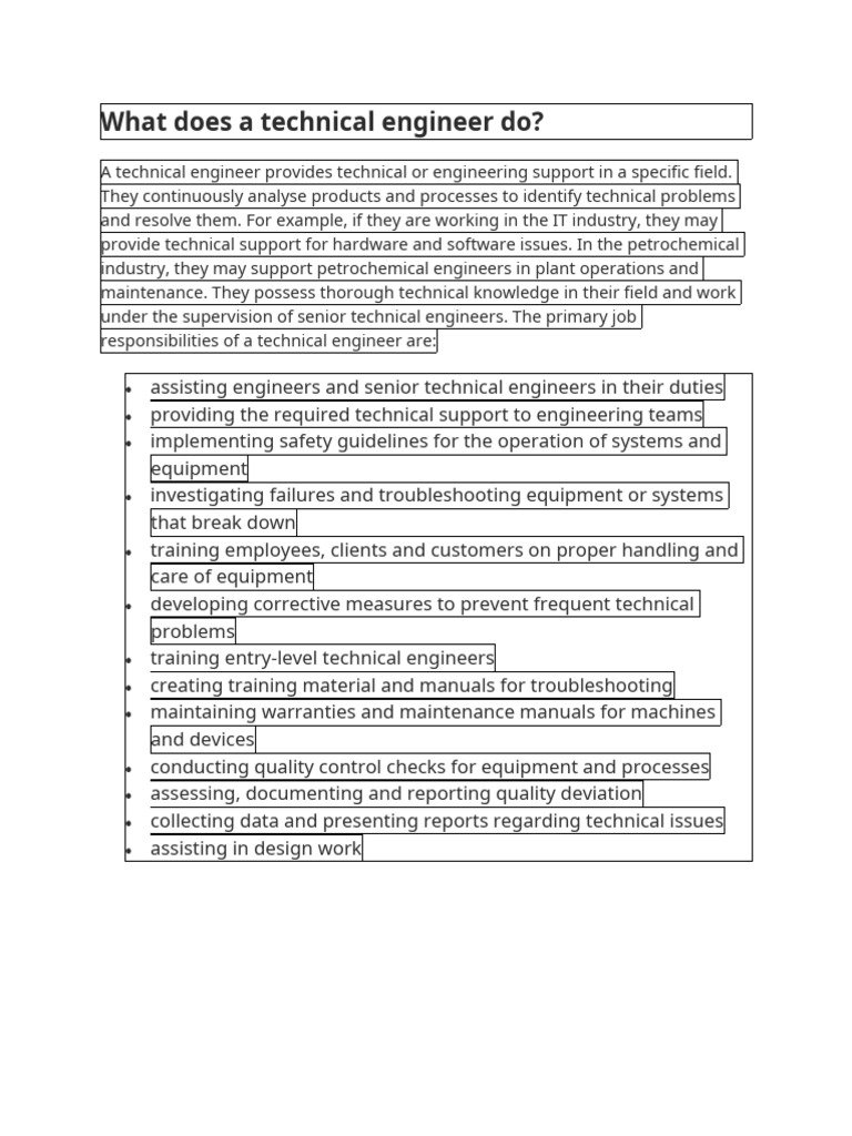Technical Engineer Job Description PDF