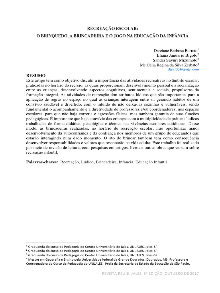 Recreação Escolar - o Brinquedo, A Brincadeira e o Jogo Na Educação Da ...