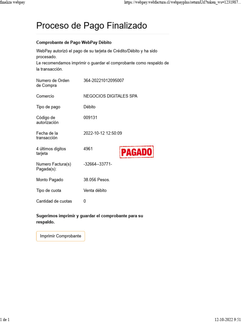 Comprobante de Pago WebPay Débito | PDF
