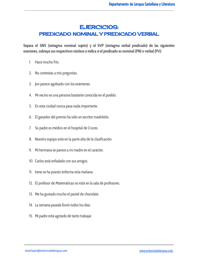 Ejercicios de Predicado Nominal y Verbal | PDF | Artes del Lenguaje y ...