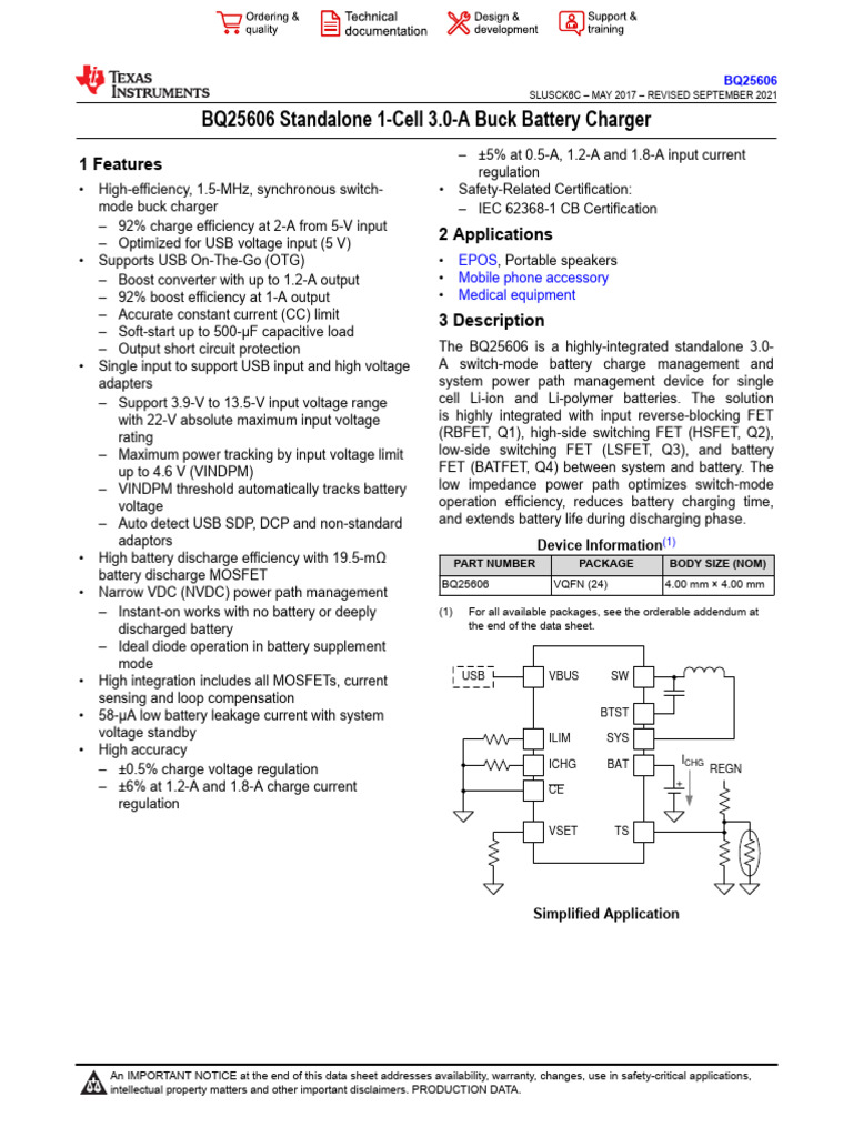 BQ25606: 3A Buck Battery Charger | PDF | Battery Charger | Usb