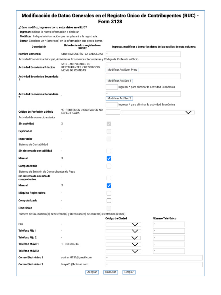Modificación de Datos en el RUC - Form 3128 | PDF | Industrias de ...