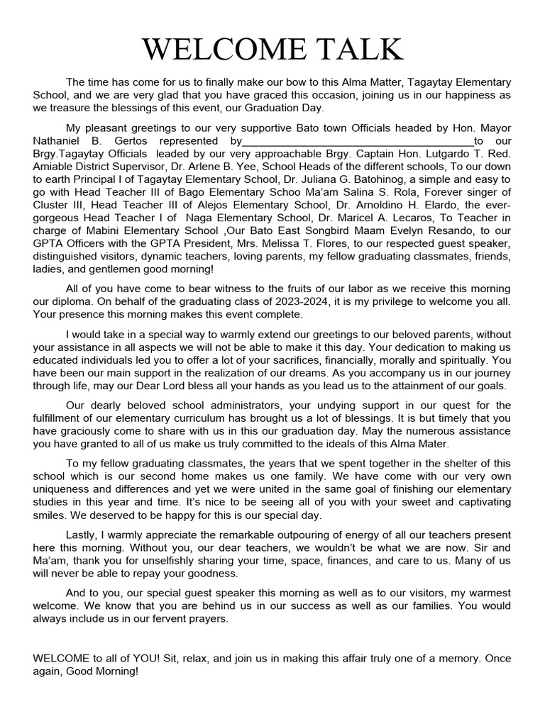 Graduation Day Welcome Speech 2024 | PDF | Self-Improvement | Lifestyle