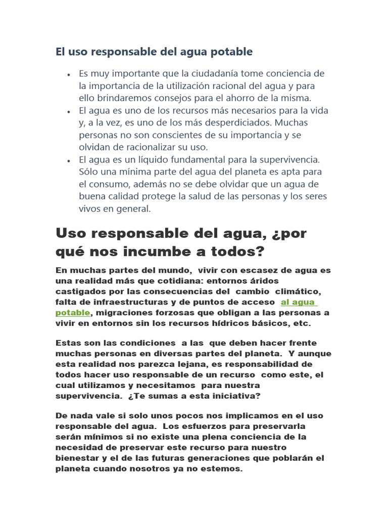 Uso Responsable del Agua Potable | PDF | Salud y bienestar | Ciencia y ...