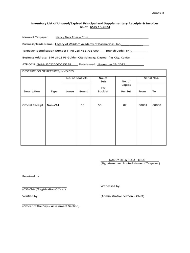 Inventory List For BIR PDF