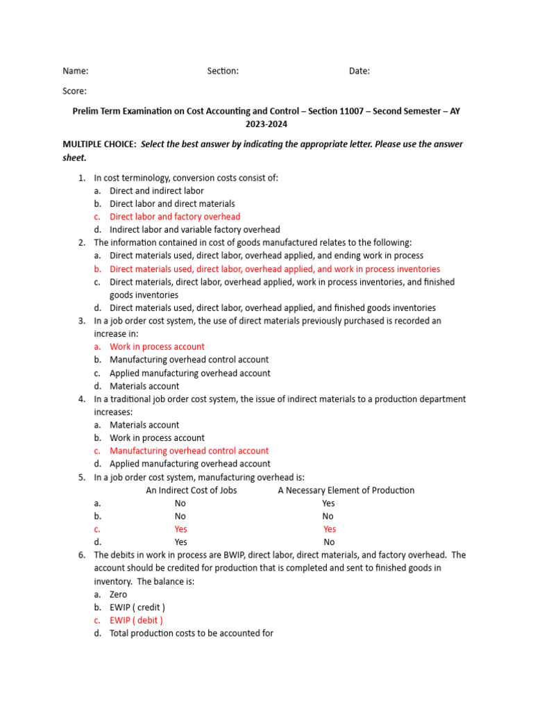 Cost Accounting Prelim Exam 2023-2024 | PDF | Cost Of Goods Sold ...