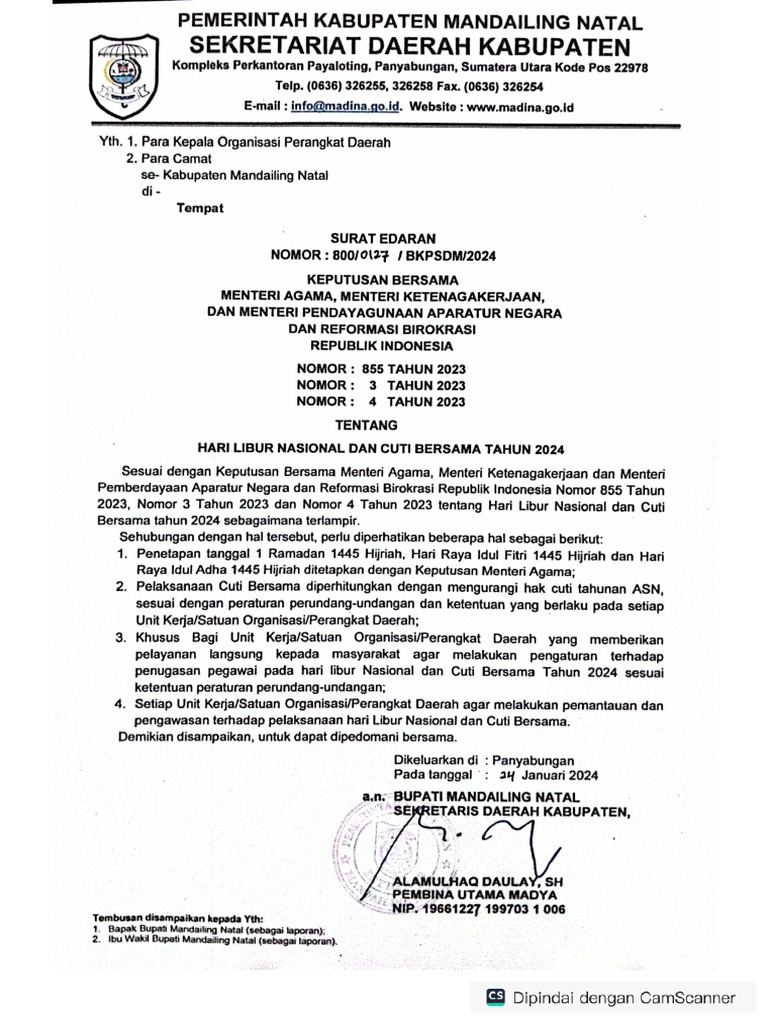 Surat Edaran Libur Dan Cuti Bersama THN 2024 | PDF