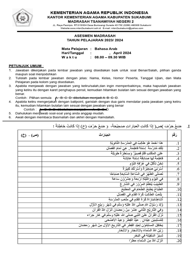 Soal Am Bahasa Arab Kelas 9 2024 April 2024 | PDF