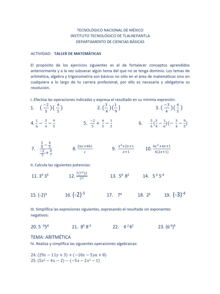 Taller de Matemáticas: Álgebra y Aritmética | PDF | Matemáticas