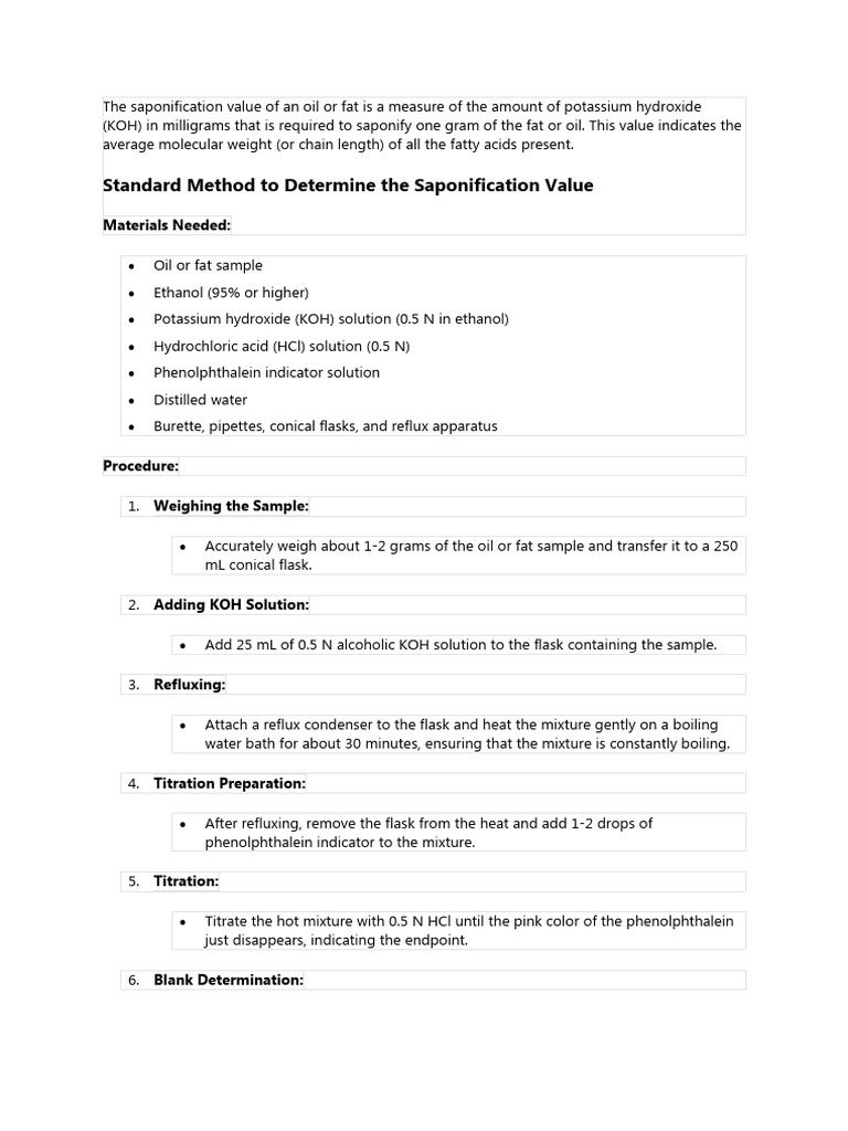 Saponification Value Testing Methods | PDF | Titration | Chemistry