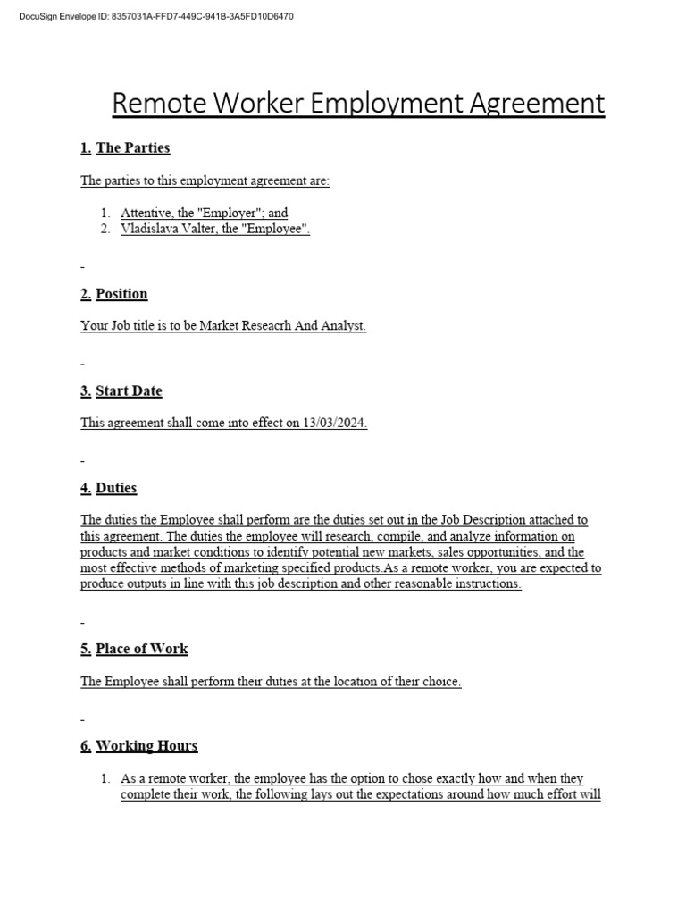 Remote Worker Employment Agreement | PDF | Employment | Sick Leave