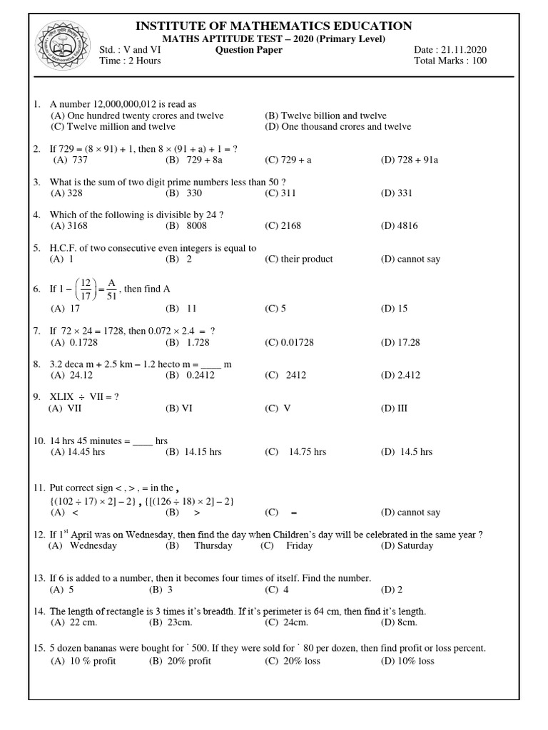 Class 1 Math Aptitude Test 2020 | PDF | Length | Rectangle