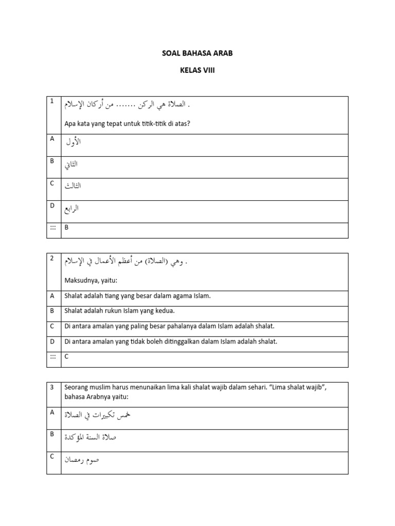 Soal Bahasa Arab Kelas VIII | PDF