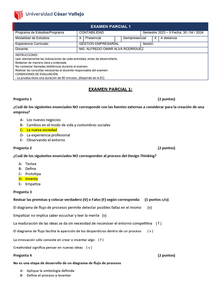 Examen Parcial 1: Gestión Empresarial 2024 | PDF | Business