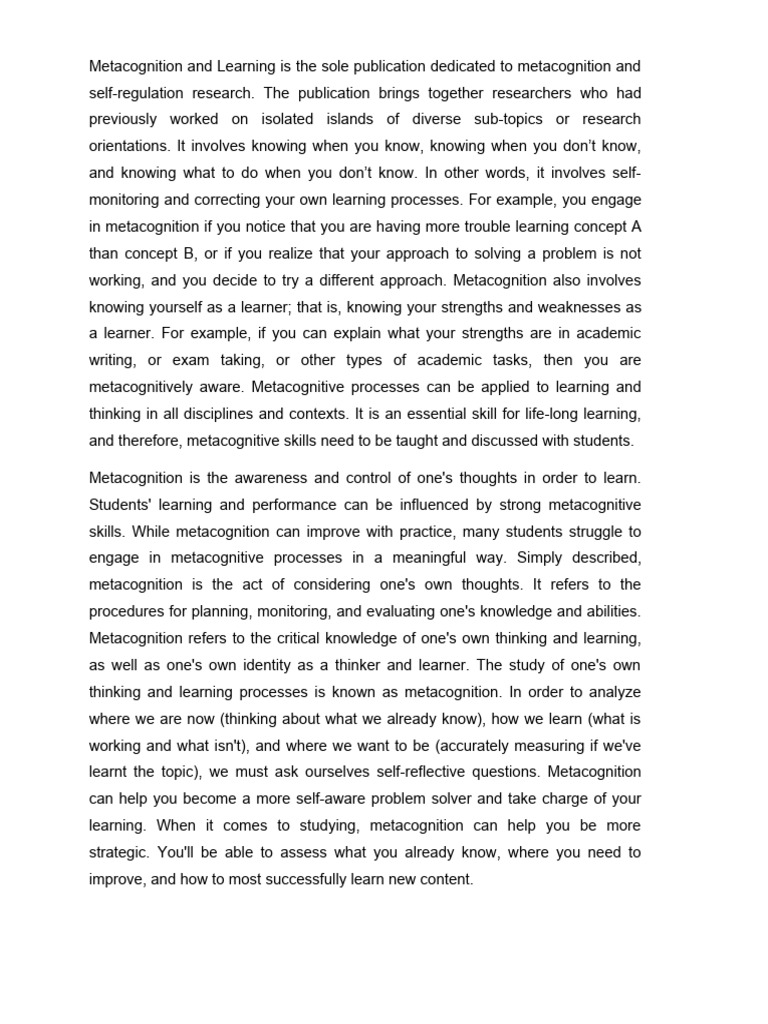 Understanding Metacognition in Learning | PDF