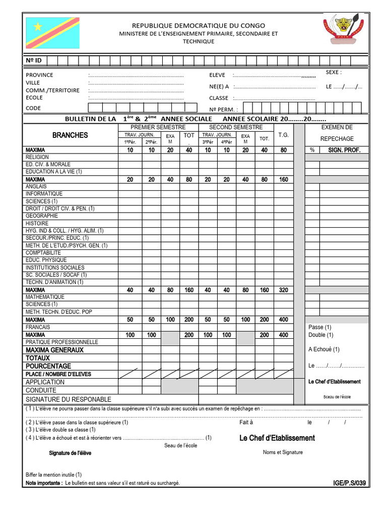 Bulletin Scolaire RDC 2023-2024 | PDF