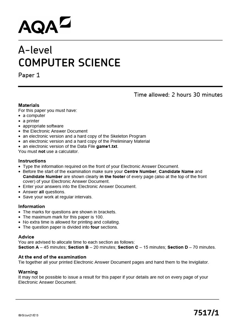 AQA A Level Computer Science Paper 1 Guide | PDF | Computer Programming ...